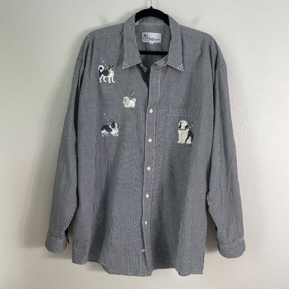 Mili Designs Womens Plus 1X Button Up Shirt Black White Dog Embroidered Gingham - Picture 9 of 15